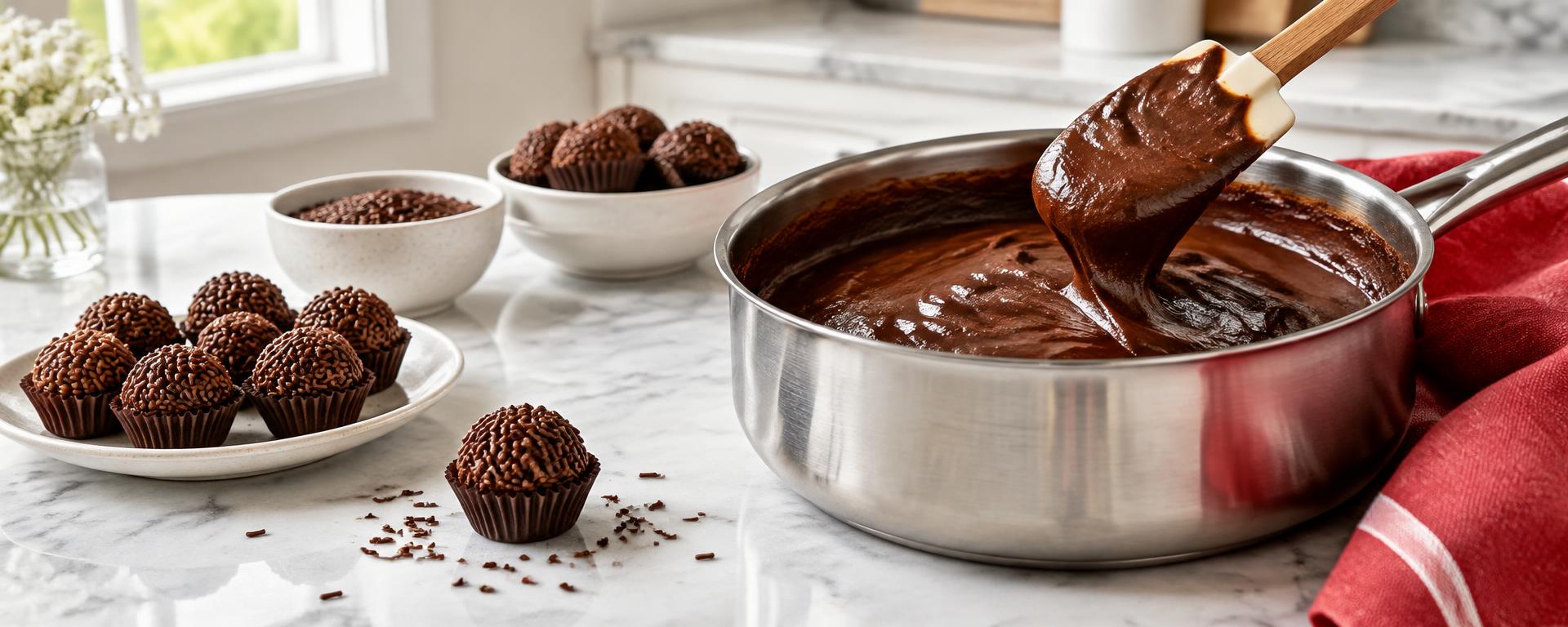 Chocolate cremoso e brigadeiros sobre uma bancada