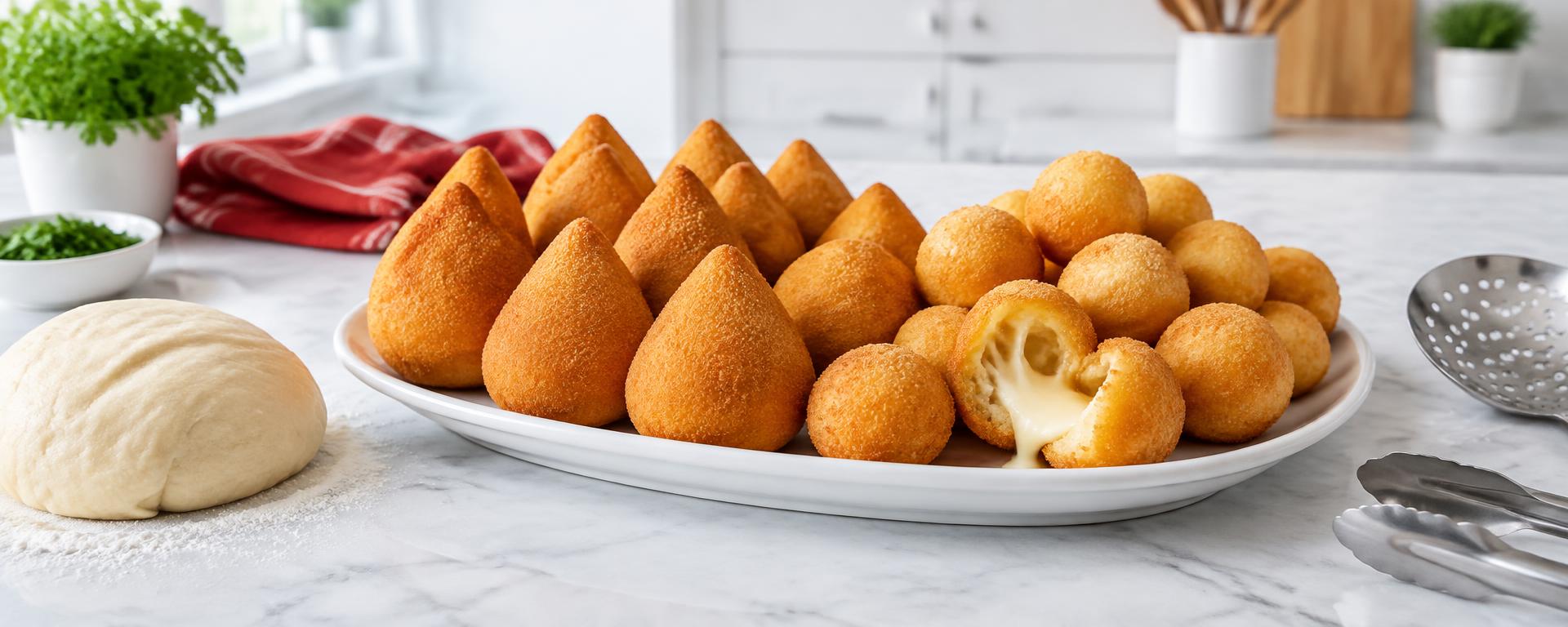 Coxinhas e bolinhas de queijo douradas ao lado de uma massa de salgados